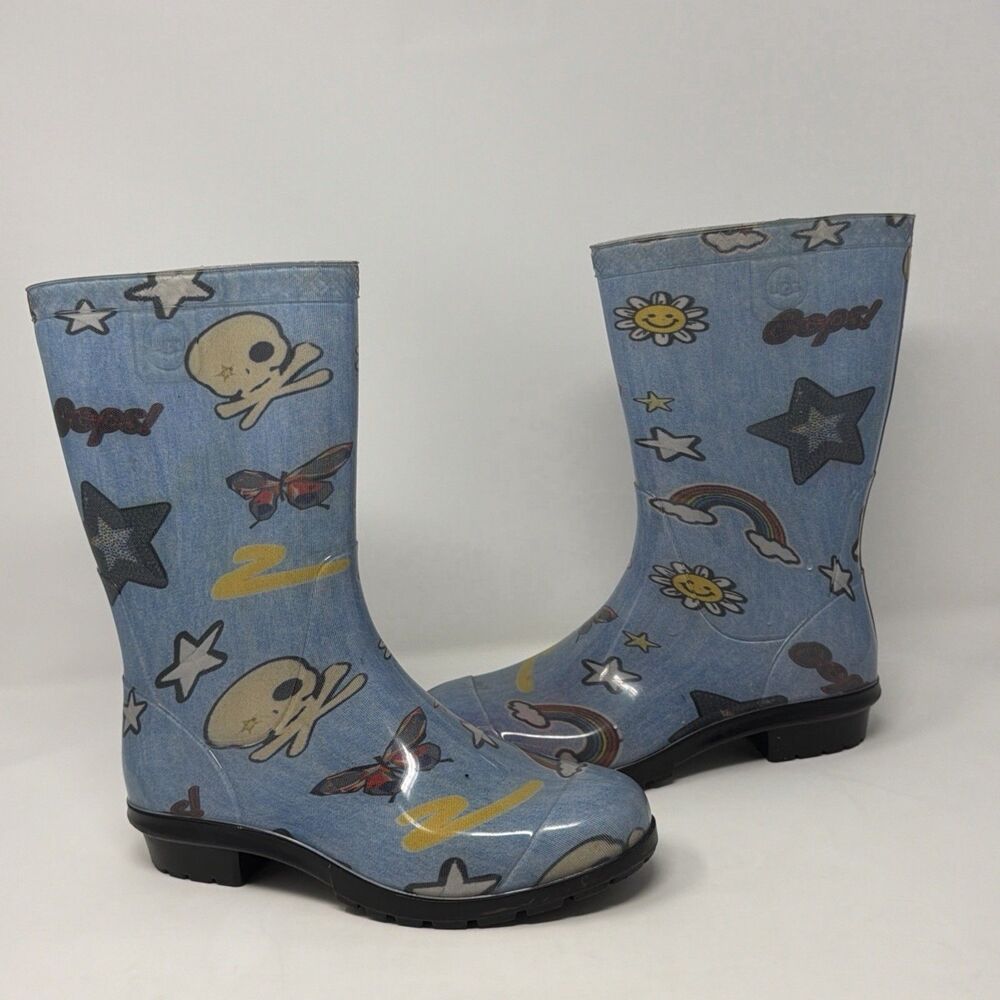 UGG Kids Rain Boots Blue Size 5 Stars Rainbow Skull Graphic Waterproof RARE